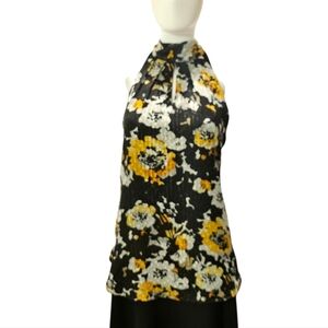White House Black Market Black Floral Sleeveless Tunic Blouse Size 12 Like New
